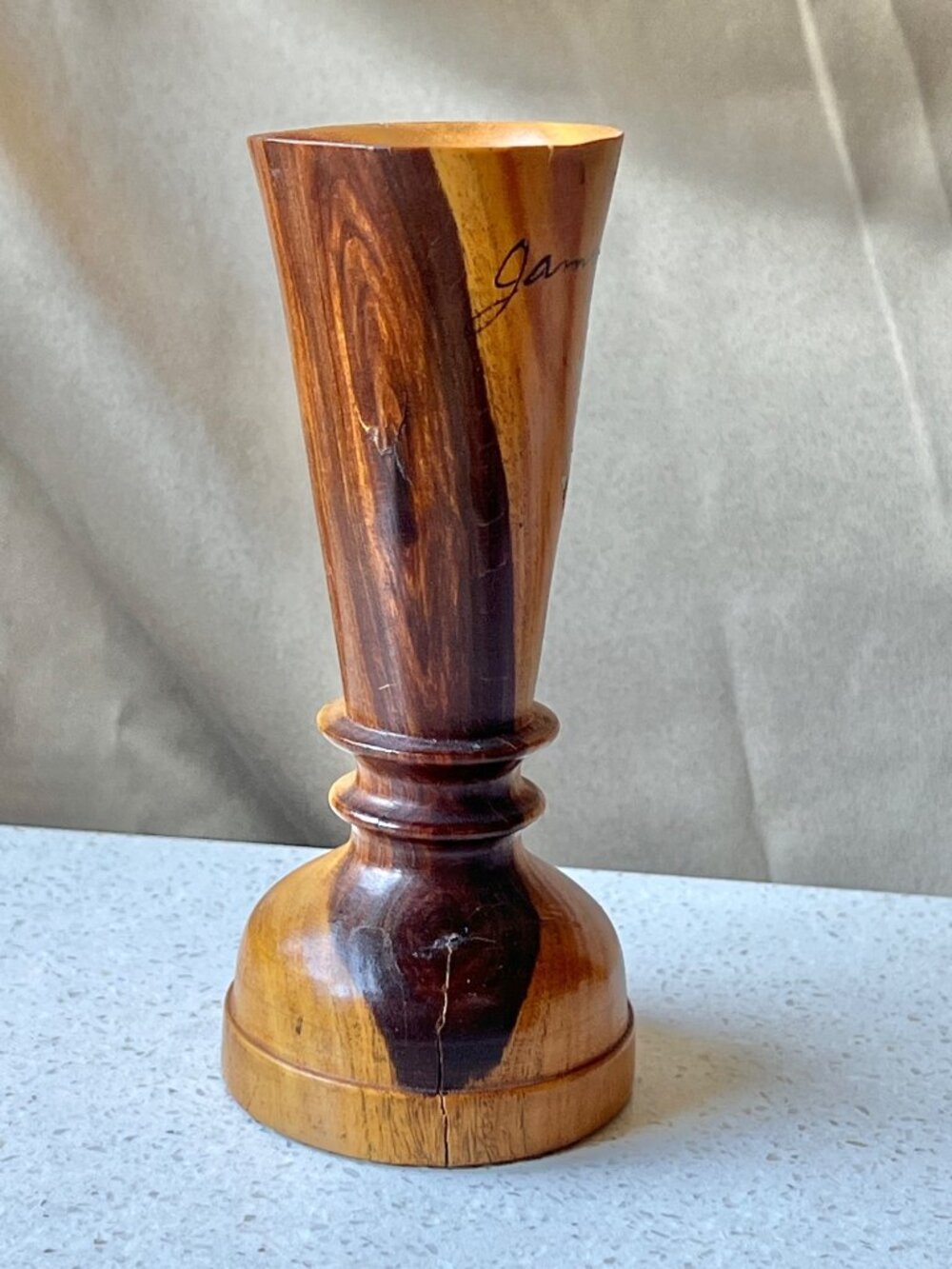 Signed Jamaican Wooden Vase W/ Hand-Painted Tropical Scene Signed 5.5" Handmade - Picture 3 of 10